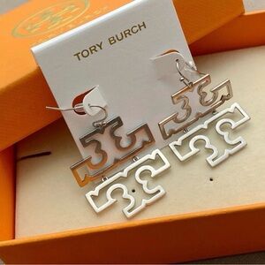 Tory Burch Silver Large Logo Drop Earrings